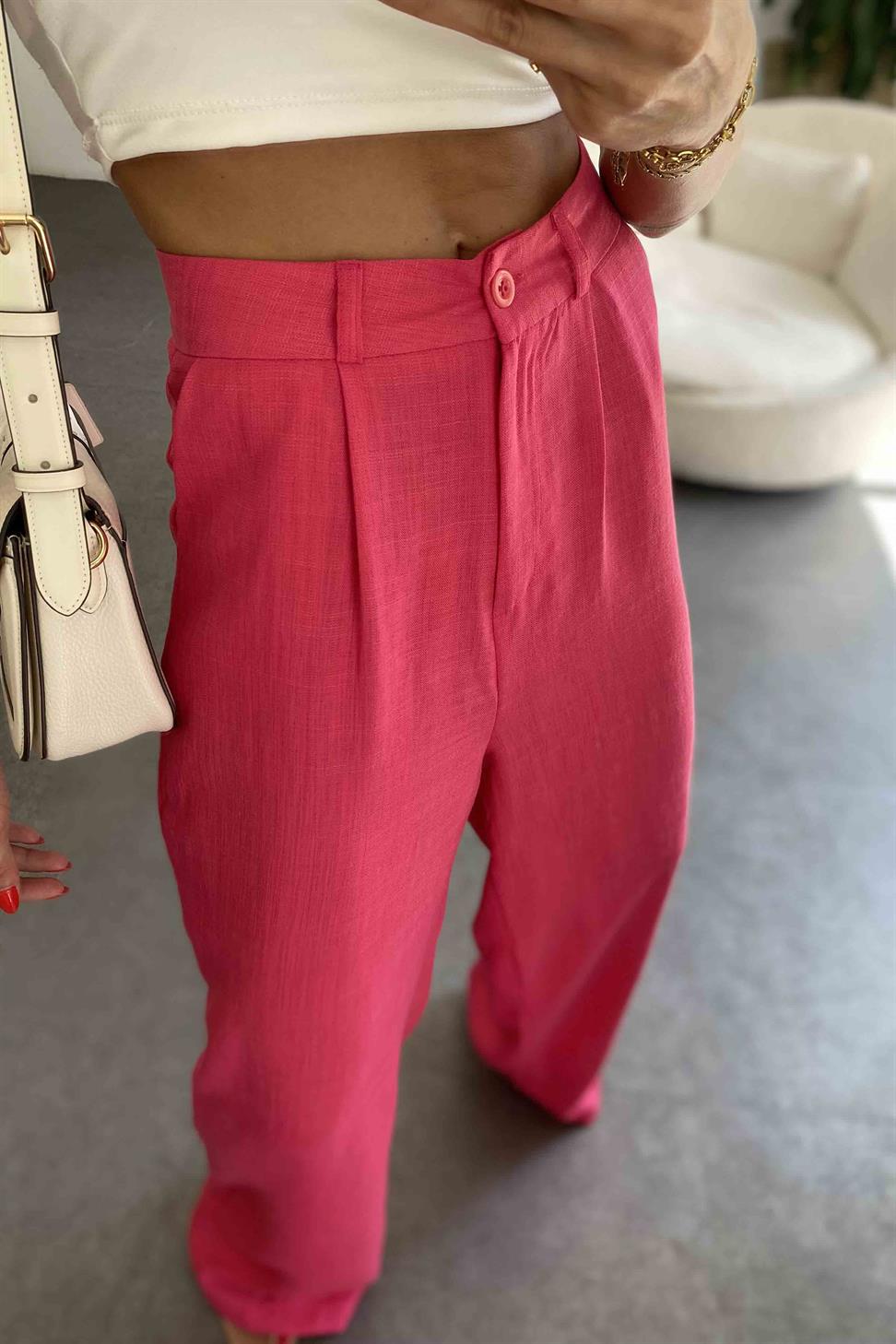 Keten Dokulu Beli Pens Detaylı Palazzo Pantolon Fuşya
