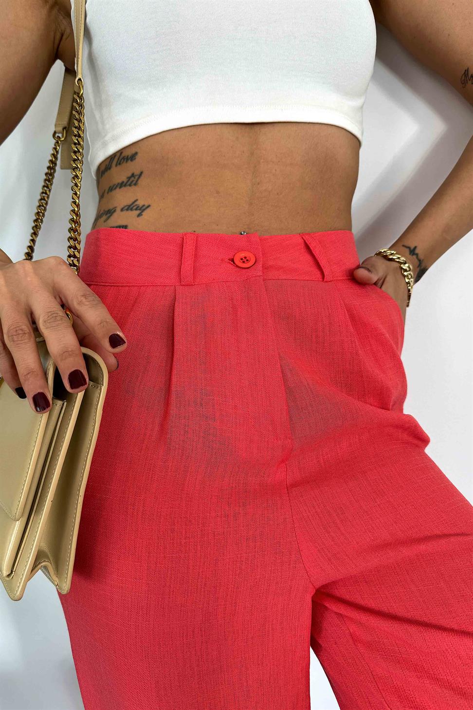 Keten Dokulu Beli Pens Detaylı Palazzo Pantolon Nar Çiçeği