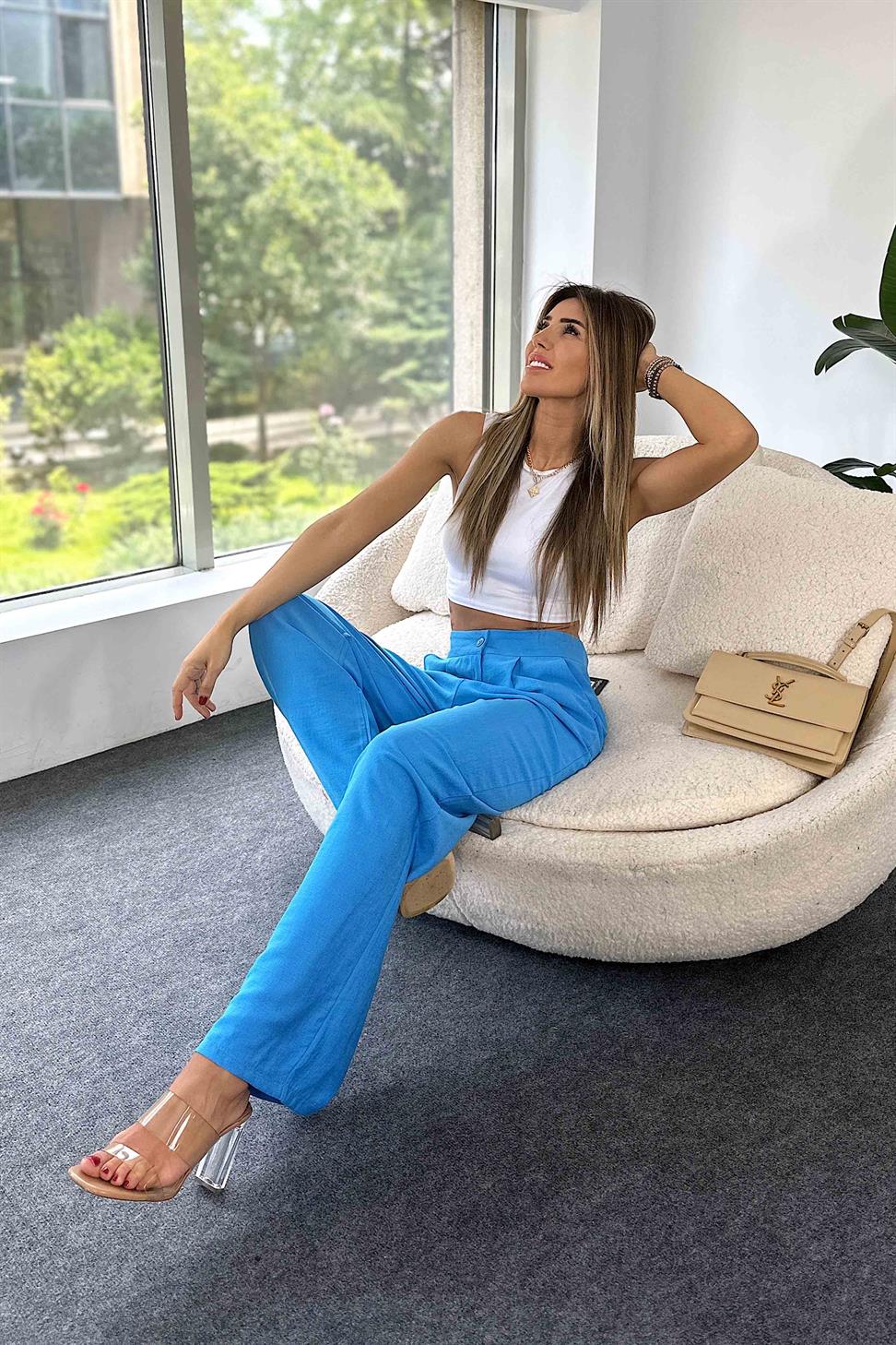 Keten Dokulu Beli Pens Detaylı Palazzo Pantolon Mavi