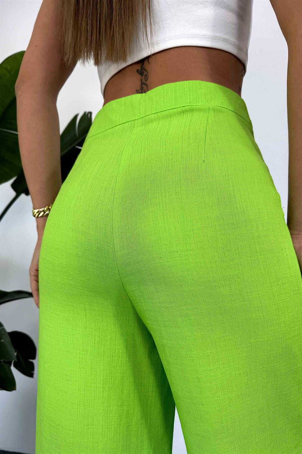 Keten Dokulu Beli Pens Detaylı Palazzo Pantolon Neon Yeşil