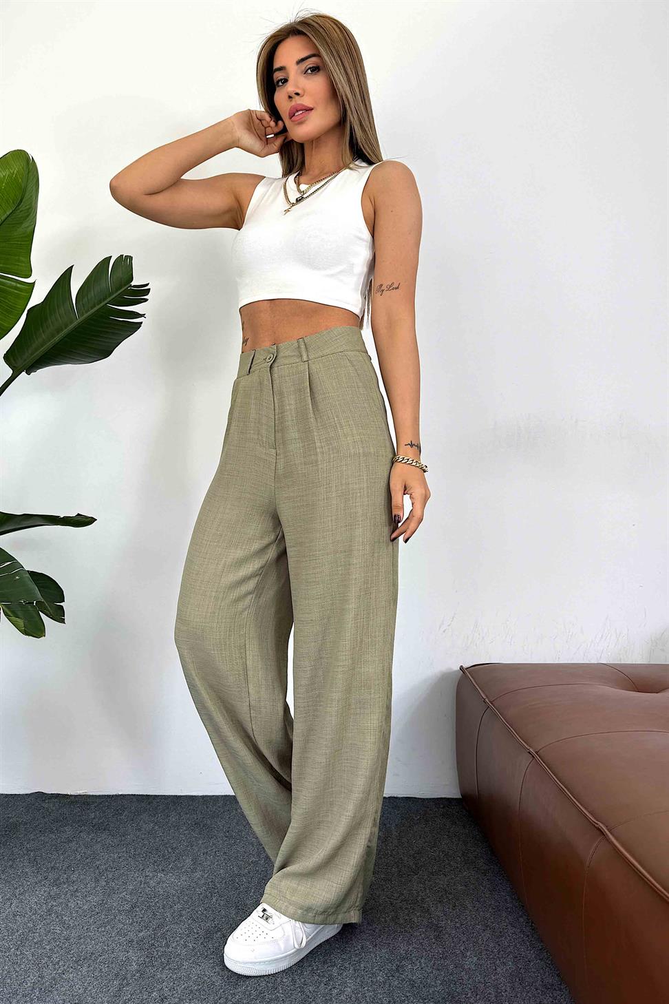 Keten Dokulu Beli Pens Detaylı Palazzo Pantolon Haki