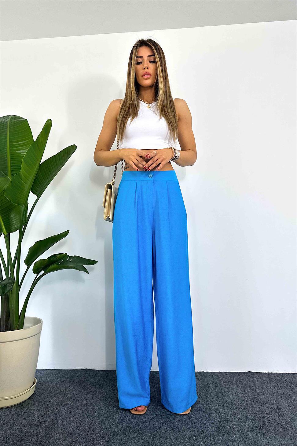 Keten Dokulu Beli Pens Detaylı Palazzo Pantolon Mavi