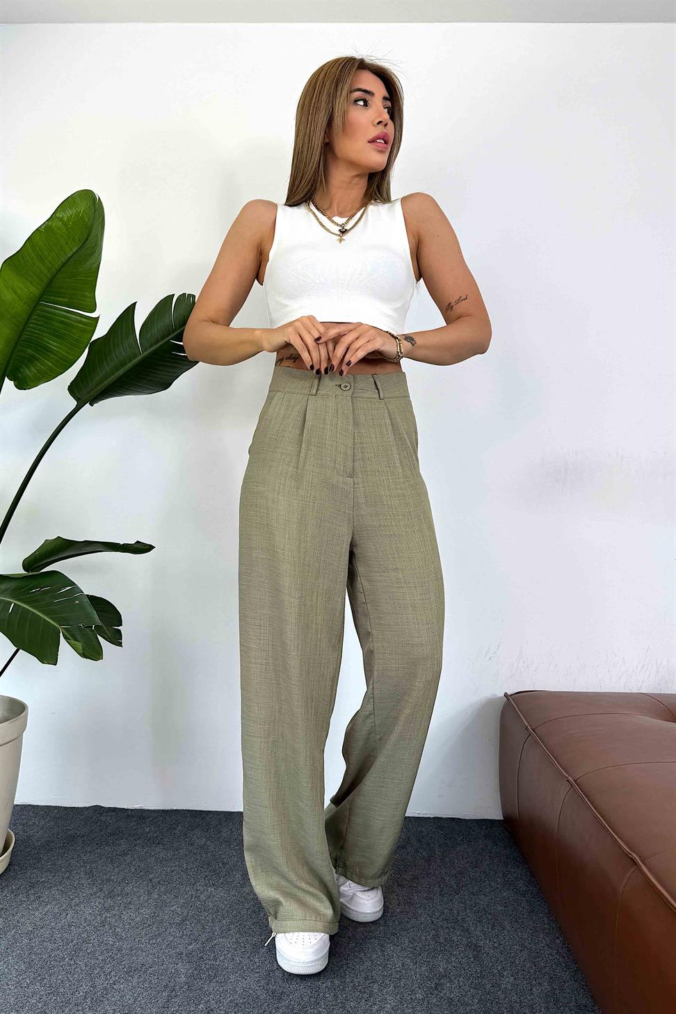 Keten Dokulu Beli Pens Detaylı Palazzo Pantolon Haki
