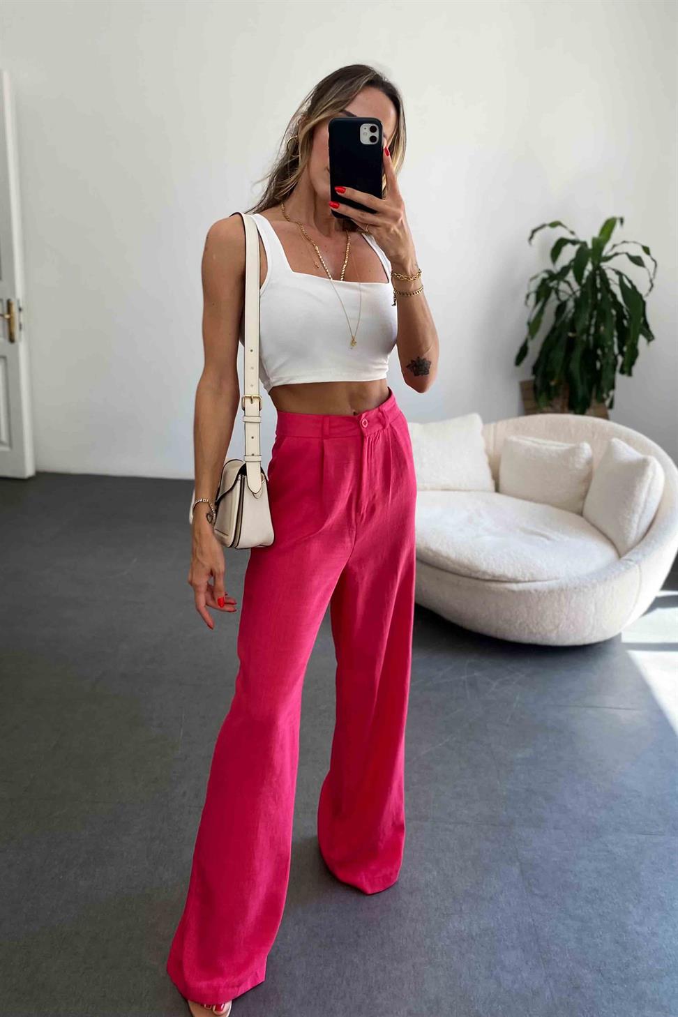 Keten Dokulu Beli Pens Detaylı Palazzo Pantolon Fuşya