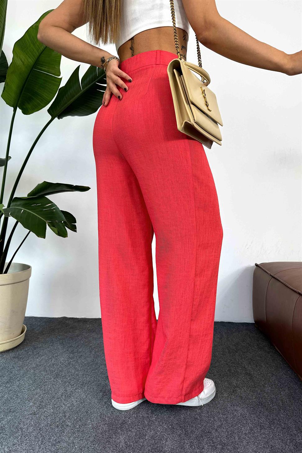 Keten Dokulu Beli Pens Detaylı Palazzo Pantolon Nar Çiçeği