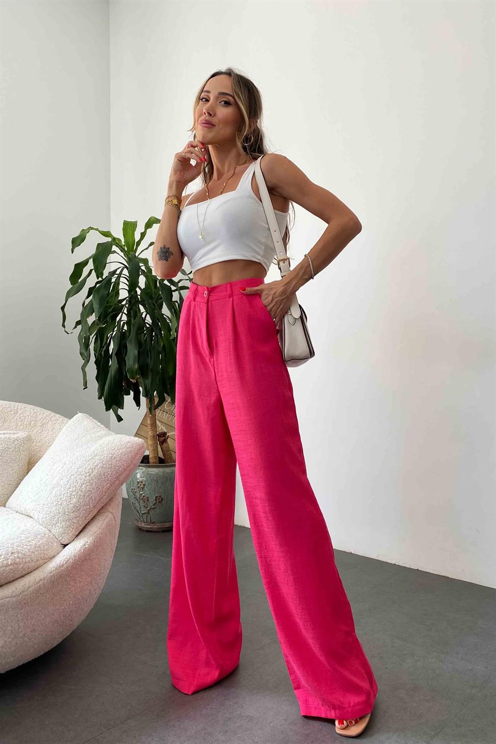 Keten Dokulu Beli Pens Detaylı Palazzo Pantolon Fuşya
