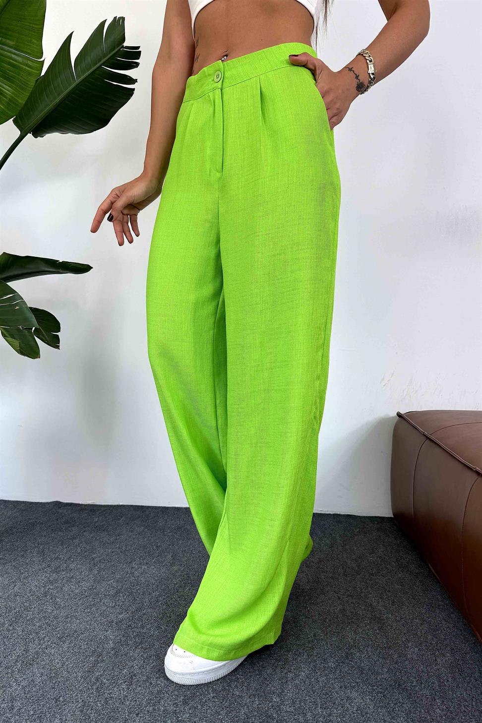 Keten Dokulu Beli Pens Detaylı Palazzo Pantolon Neon Yeşil