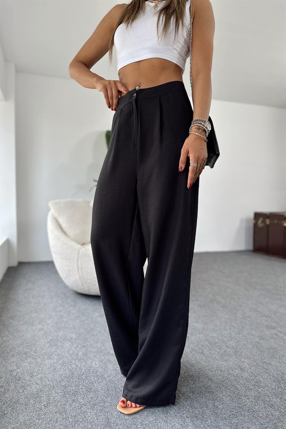 Keten Dokulu Beli Pens Detaylı Palazzo Pantolon Siyah