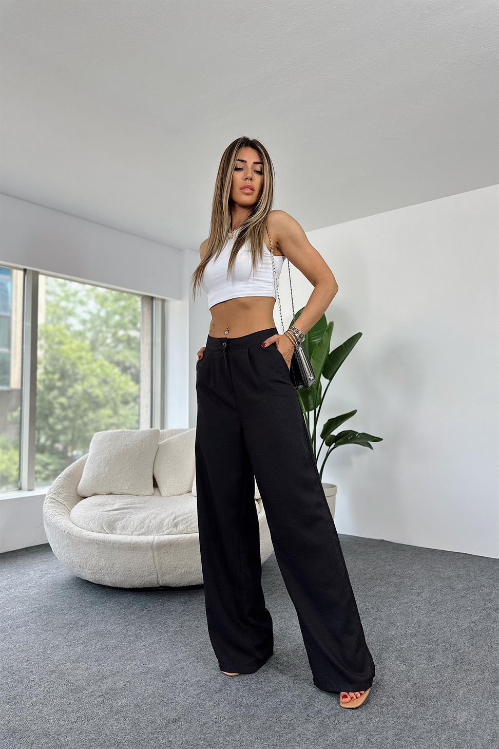Keten Dokulu Beli Pens Detaylı Palazzo Pantolon Siyah