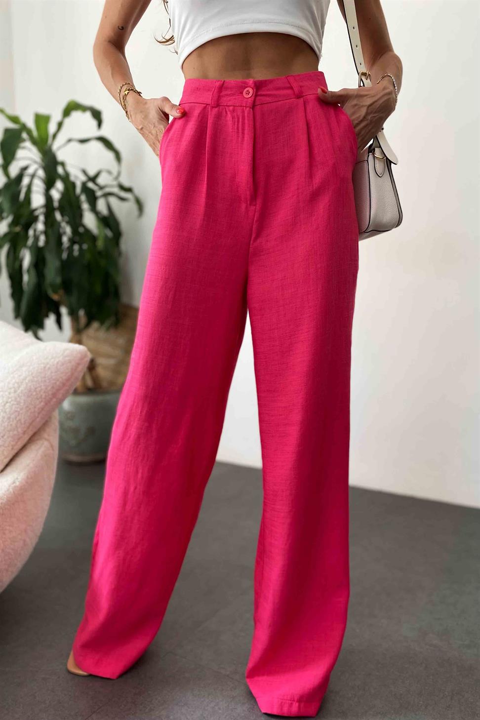 Keten Dokulu Beli Pens Detaylı Palazzo Pantolon Fuşya