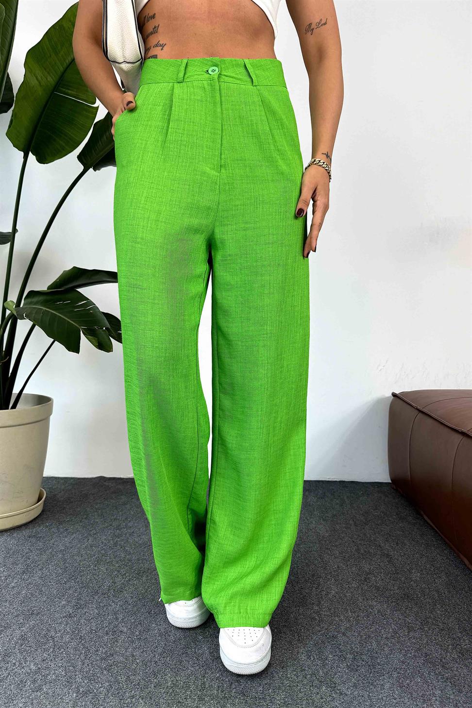Keten Dokulu Beli Pens Detaylı Palazzo Pantolon Yeşil