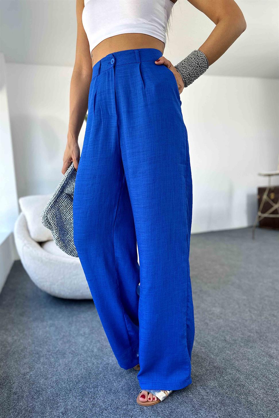 Keten Dokulu Beli Pens Detaylı Palazzo Pantolon Saks Mavisi