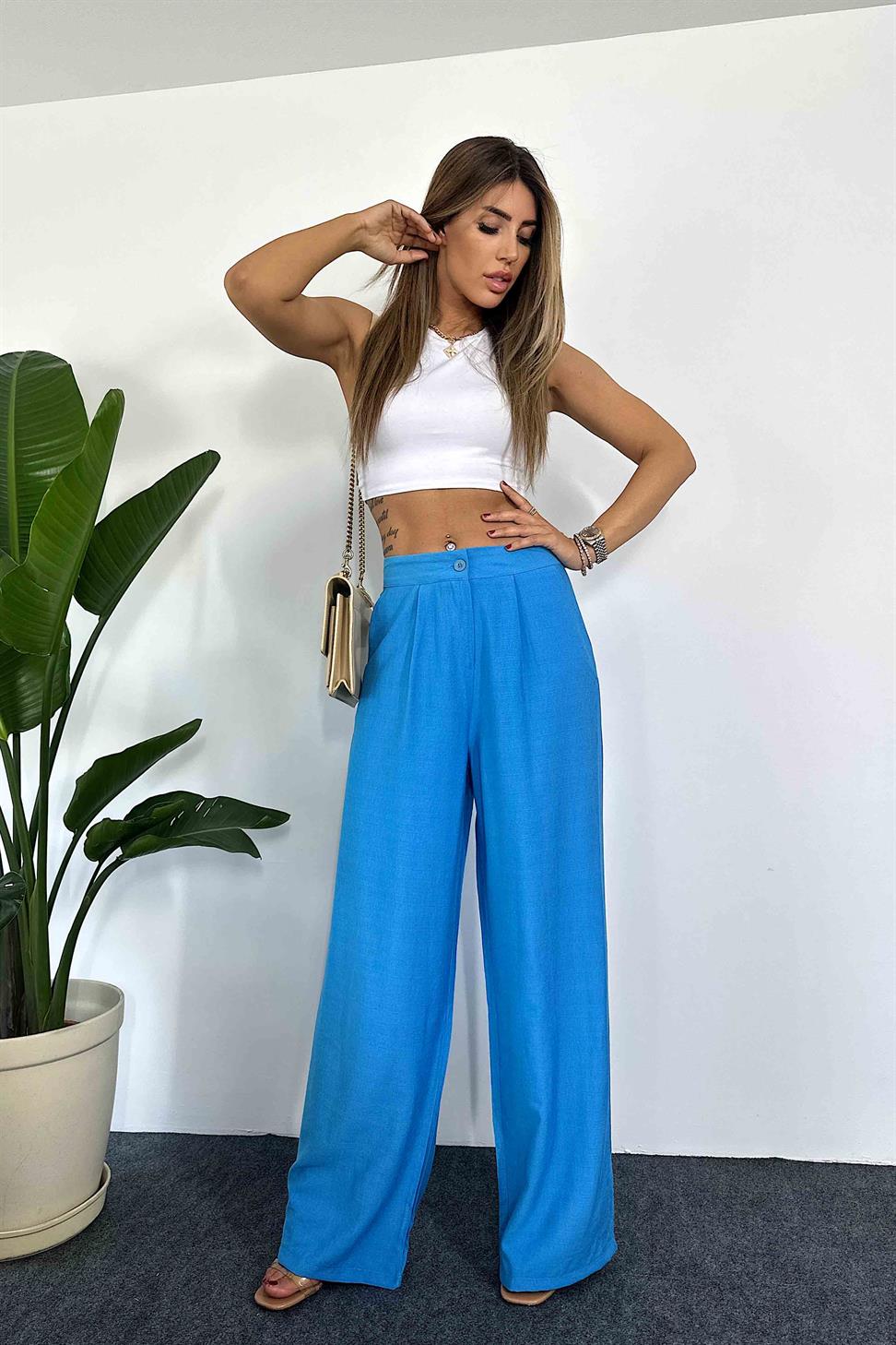 Keten Dokulu Beli Pens Detaylı Palazzo Pantolon Mavi
