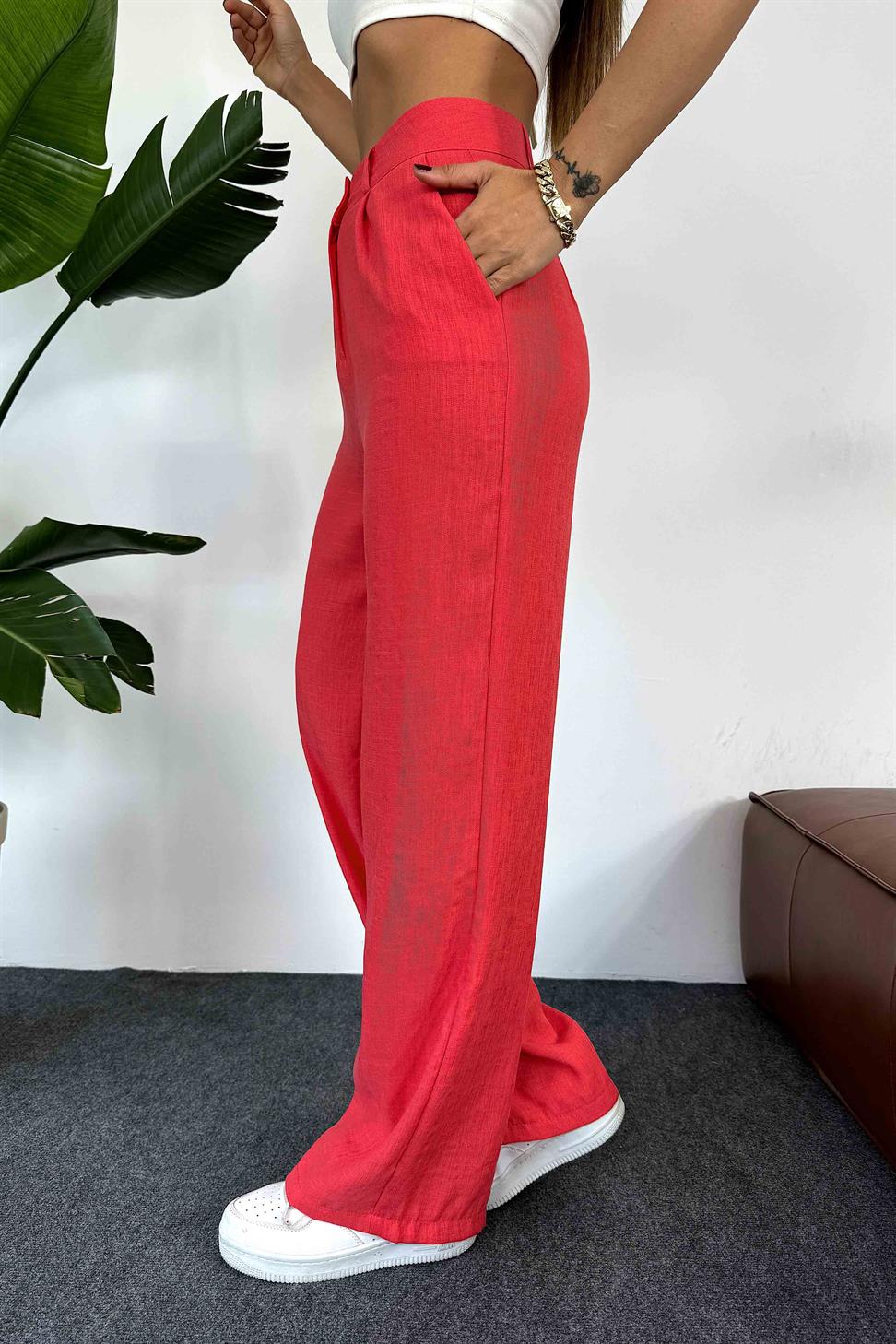 Keten Dokulu Beli Pens Detaylı Palazzo Pantolon Nar Çiçeği