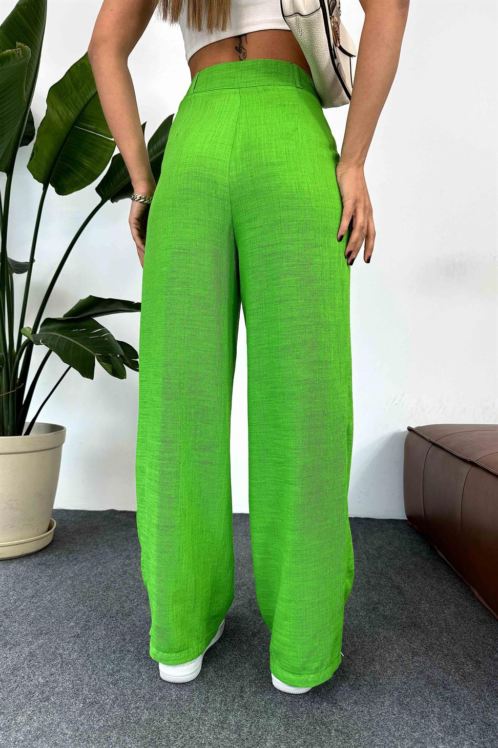 Keten Dokulu Beli Pens Detaylı Palazzo Pantolon Yeşil