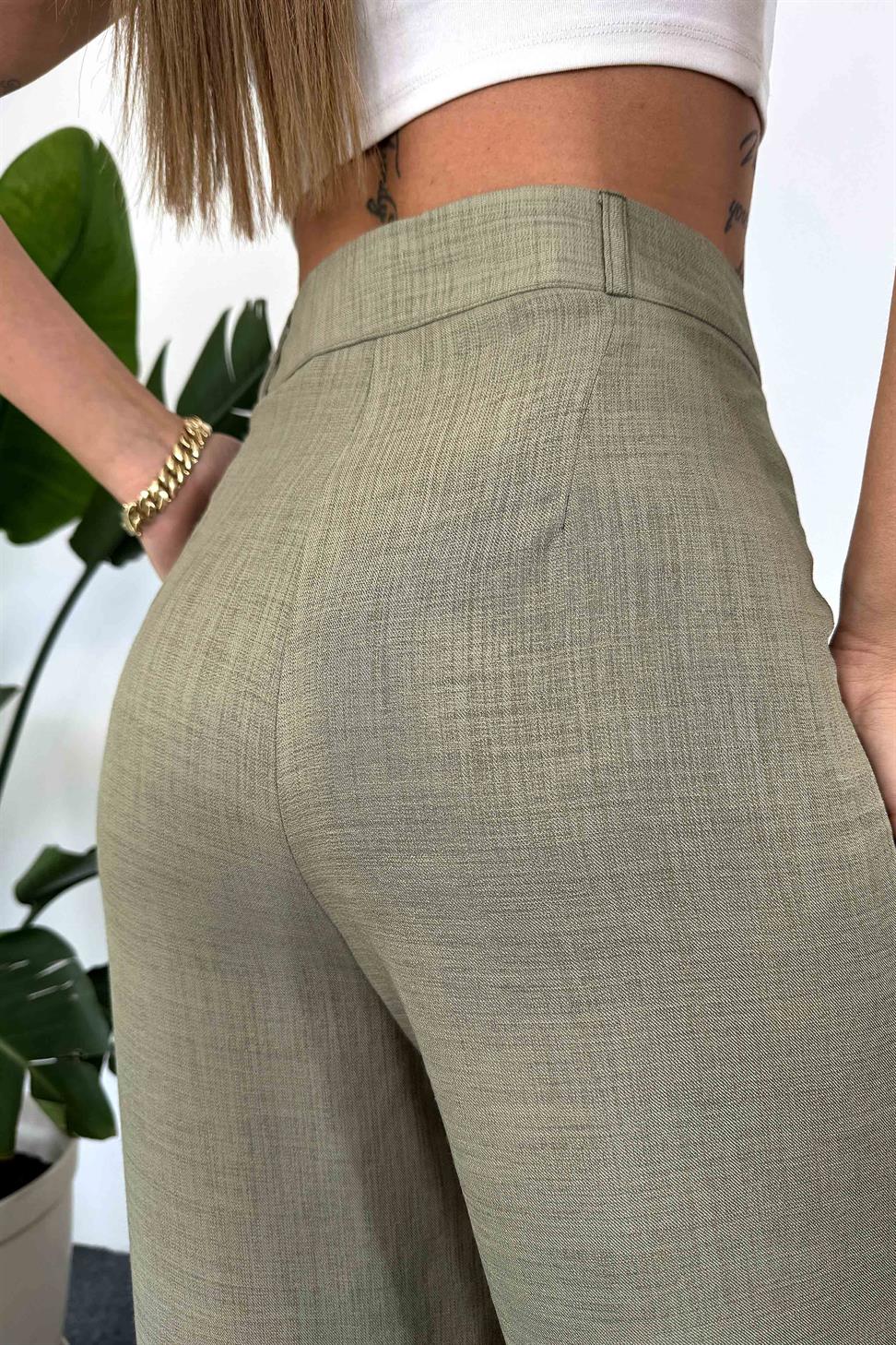 Keten Dokulu Beli Pens Detaylı Palazzo Pantolon Haki