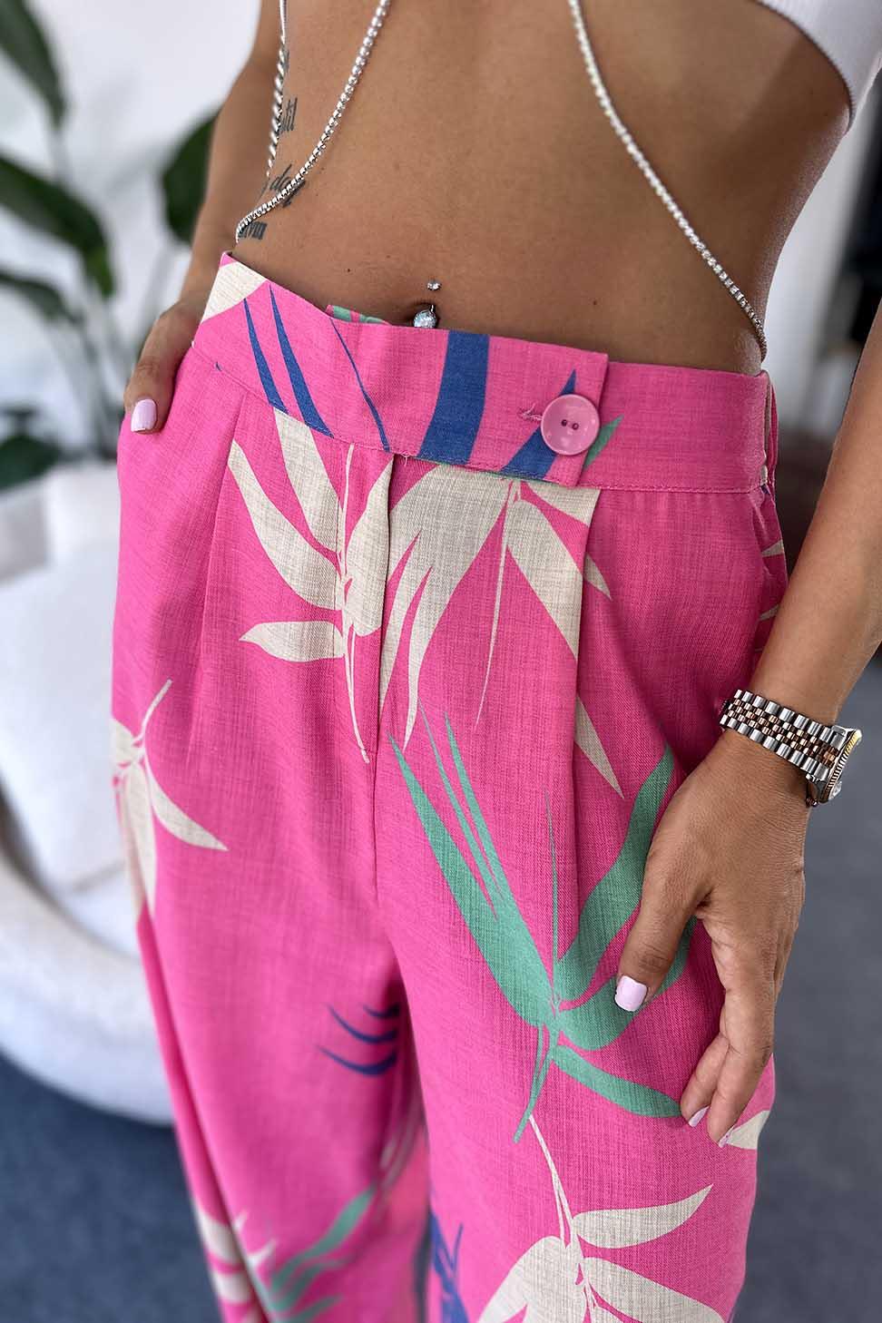 Keten Dokulu Çiçek Detay Beli Lastikli Bol Paça Pantolon Pembe