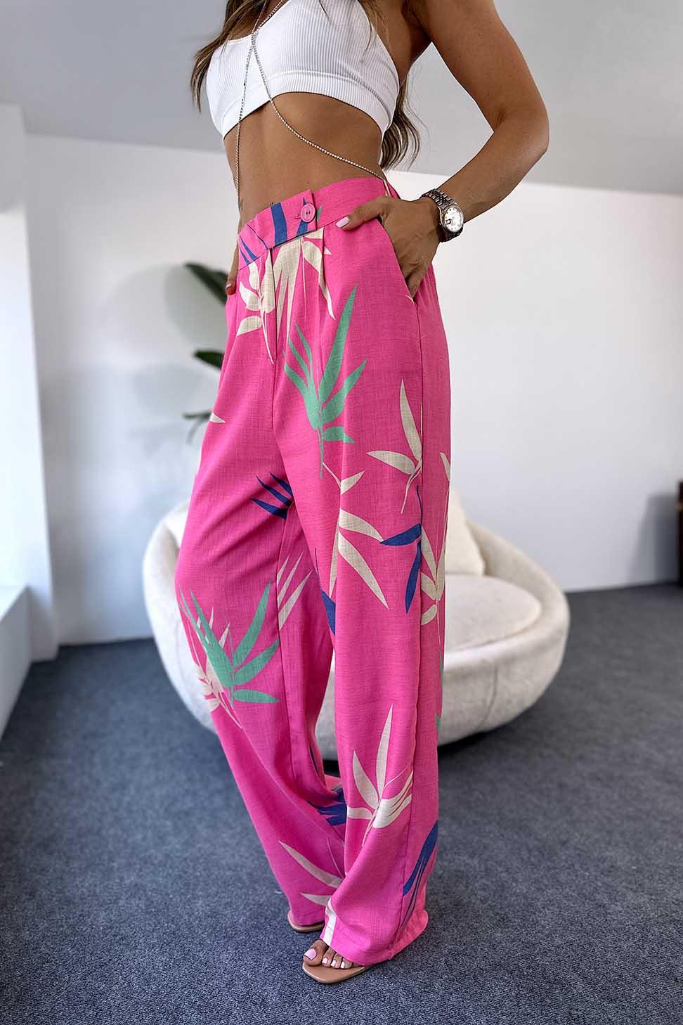 Keten Dokulu Çiçek Detay Beli Lastikli Bol Paça Pantolon Pembe