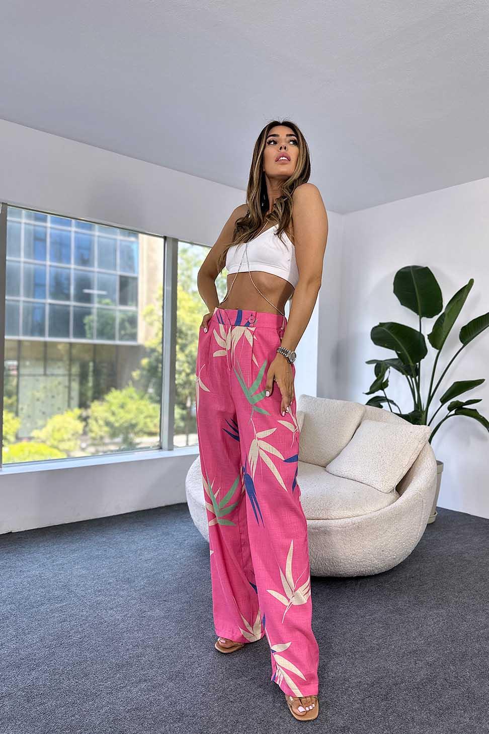 Keten Dokulu Çiçek Detay Beli Lastikli Bol Paça Pantolon Pembe