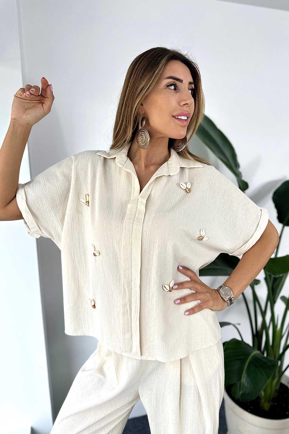 Keten Dokulu Deniz Kabuğu Detaylı Oversize Bluz Taş