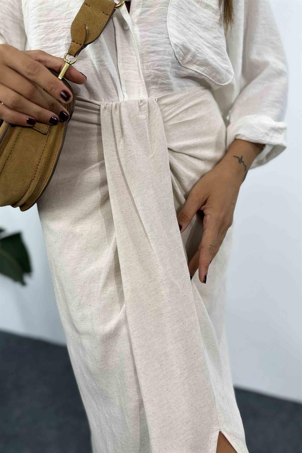Keten Dokulu Drape Detaylı Etek Taş