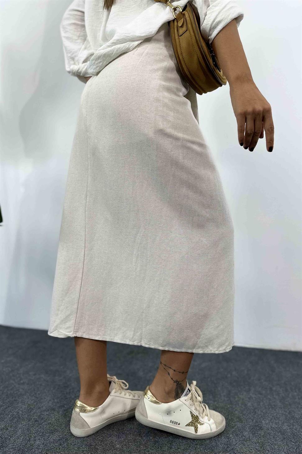 Keten Dokulu Drape Detaylı Etek Taş