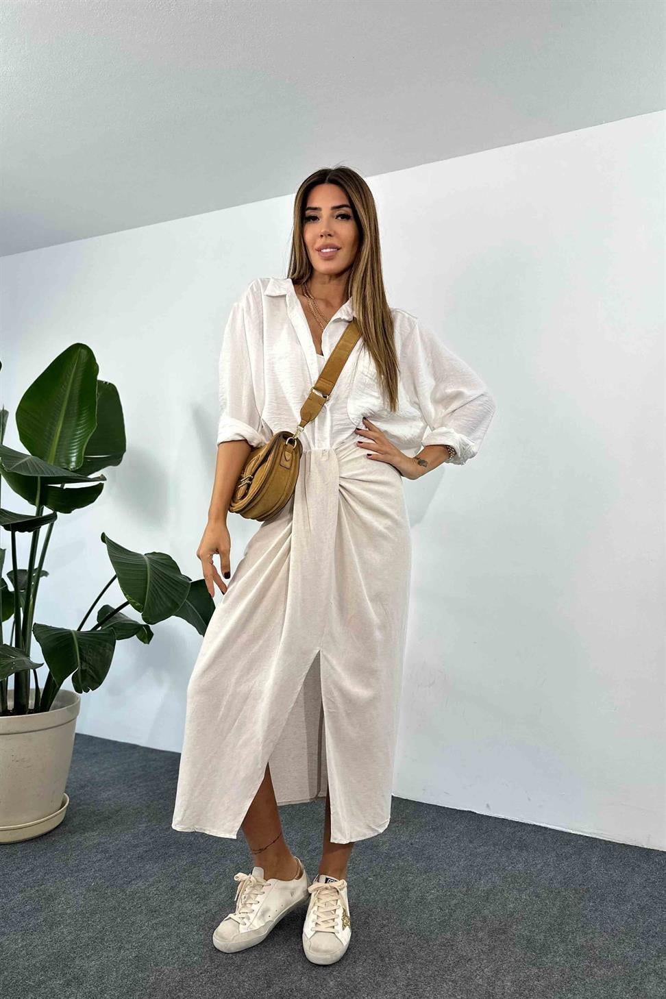 Keten Dokulu Drape Detaylı Etek Taş