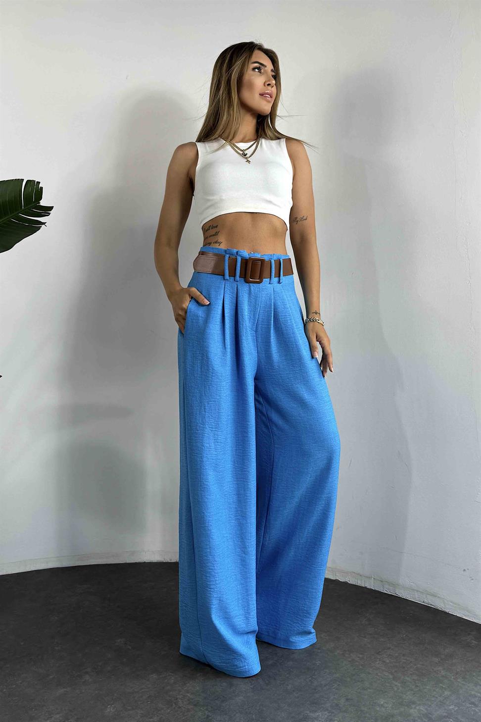 Keten Dokulu Kendinden Kemerli Palazzo Pantolon Açık Mavi