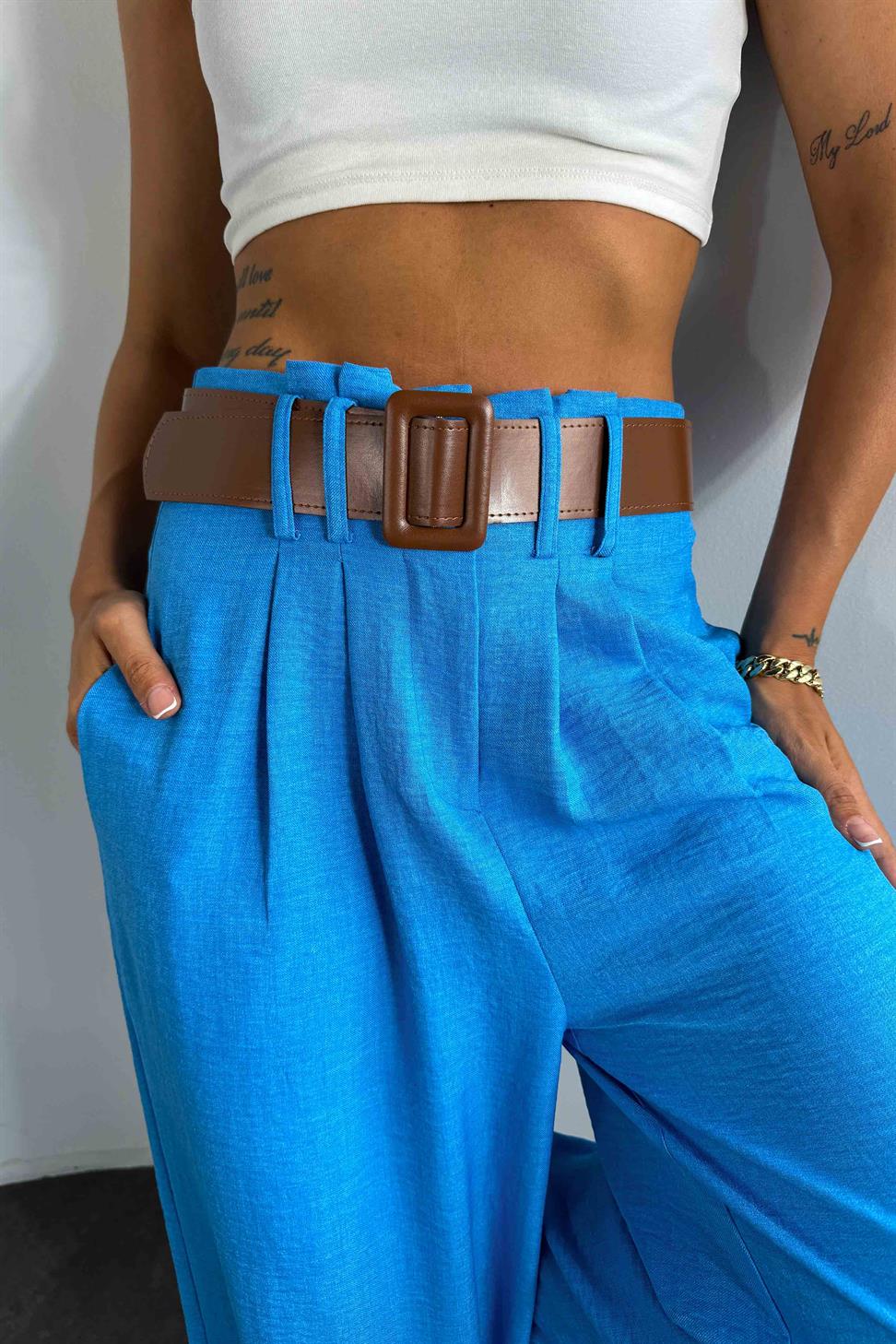 Keten Dokulu Kendinden Kemerli Palazzo Pantolon Açık Mavi