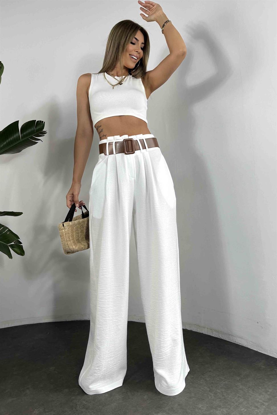 Keten Dokulu Kendinden Kemerli Palazzo Pantolon Beyaz