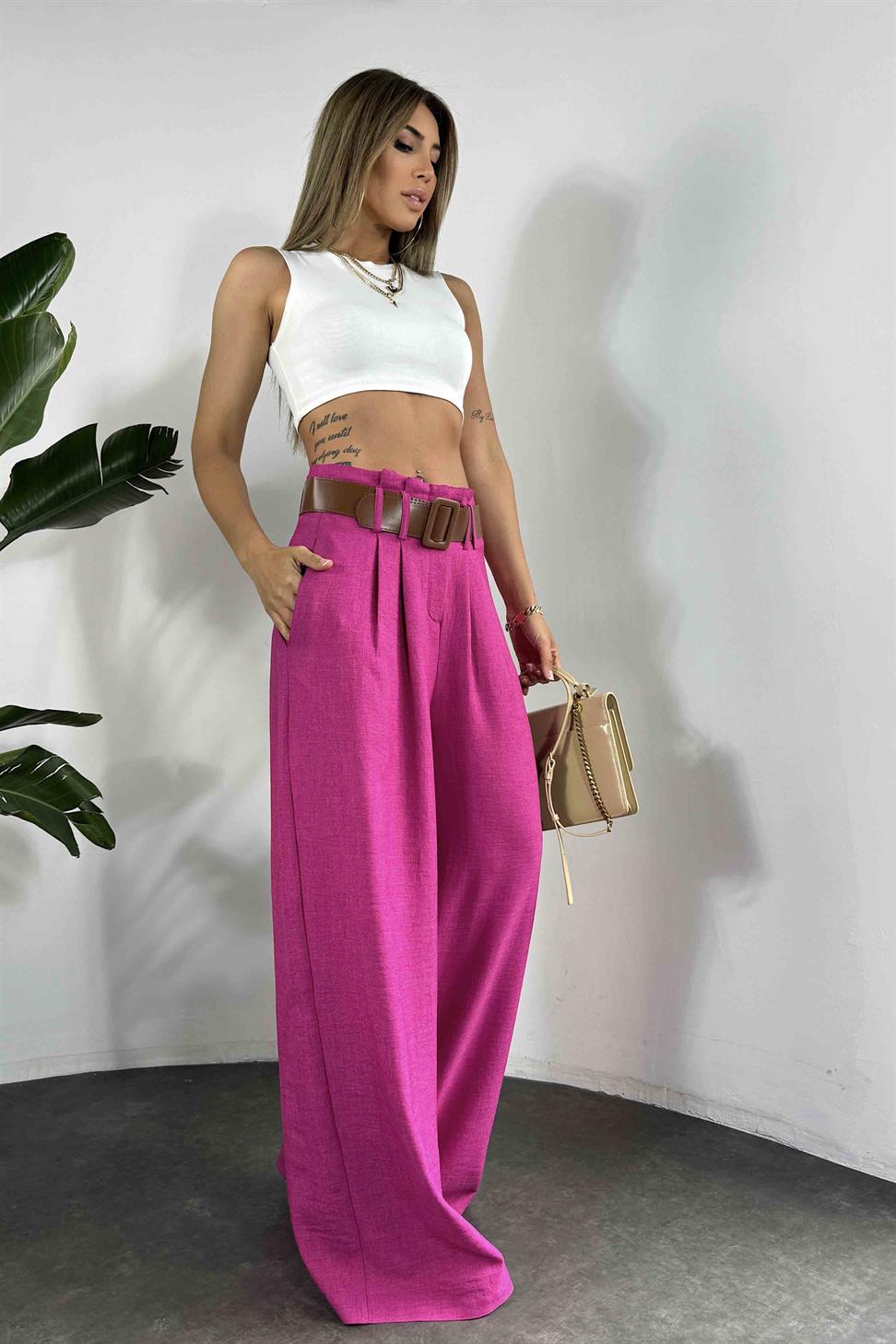 Keten Dokulu Kendinden Kemerli Palazzo Pantolon Fuşya