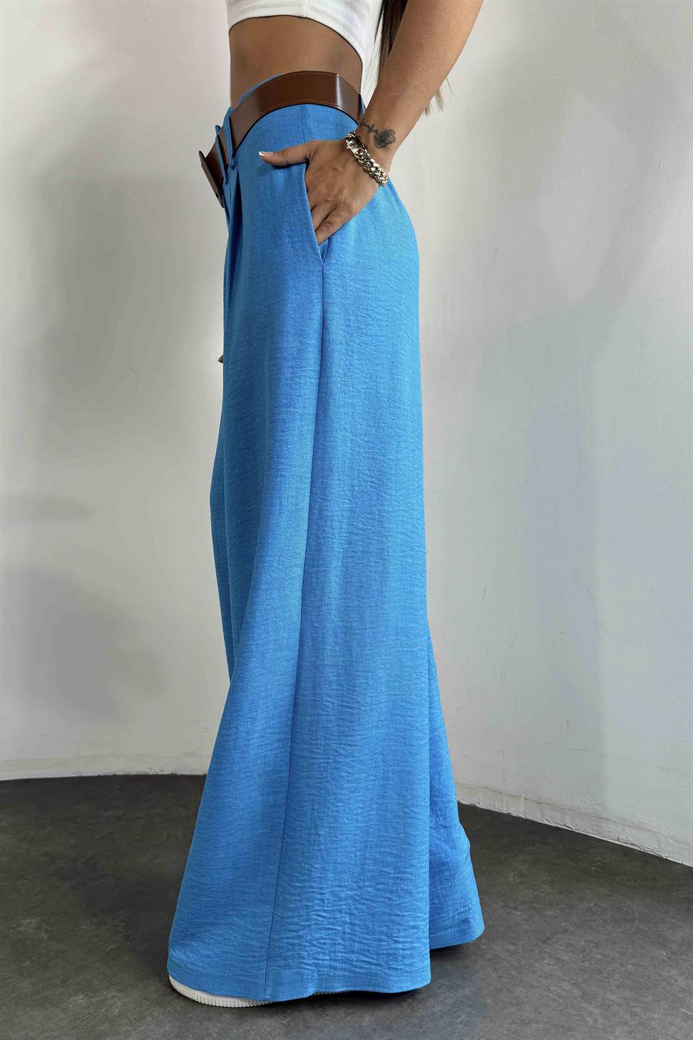 Keten Dokulu Kendinden Kemerli Palazzo Pantolon Açık Mavi