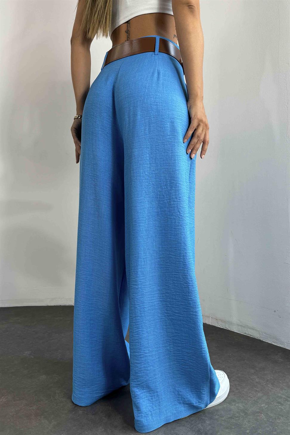 Keten Dokulu Kendinden Kemerli Palazzo Pantolon Açık Mavi