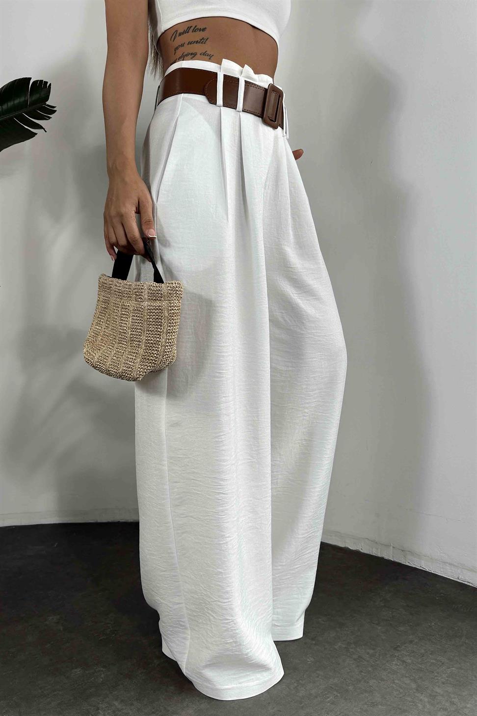 Keten Dokulu Kendinden Kemerli Palazzo Pantolon Beyaz