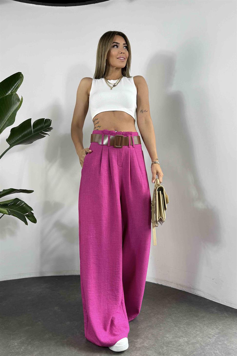 Keten Dokulu Kendinden Kemerli Palazzo Pantolon Fuşya