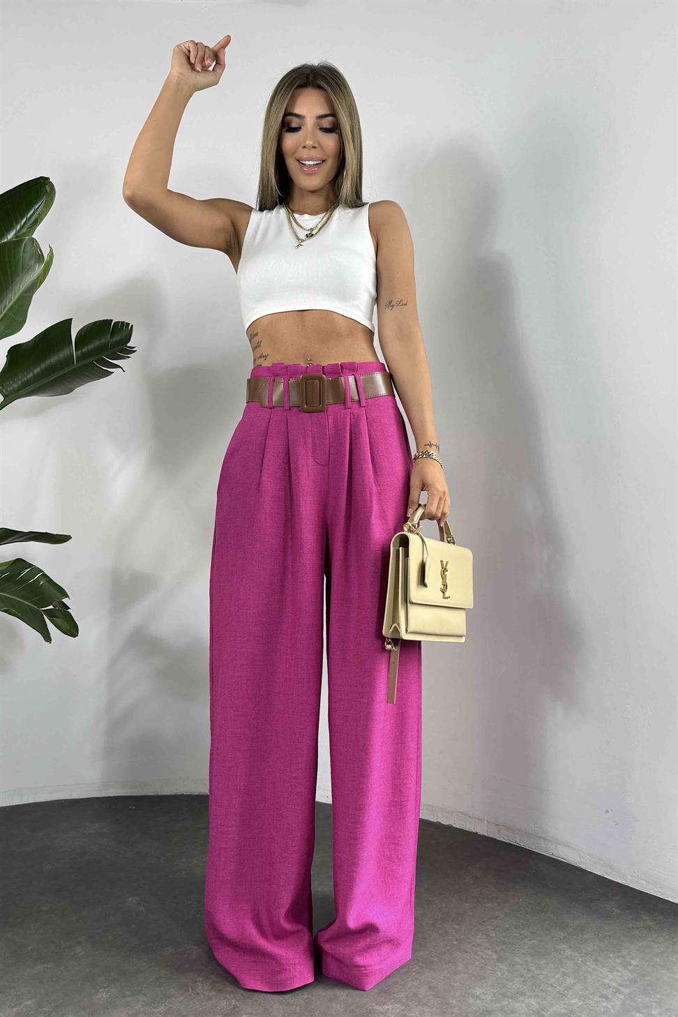Keten Dokulu Kendinden Kemerli Palazzo Pantolon Fuşya