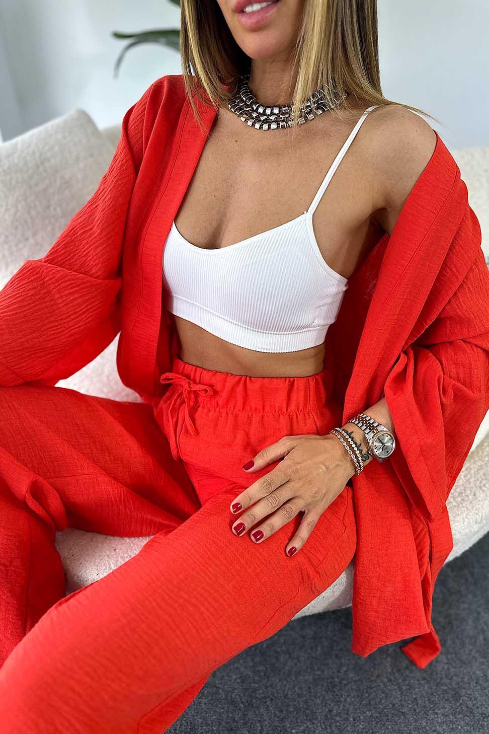 Keten Dokulu Salaş Kimono Pantolon Kadın Takım Nar Çiçeği