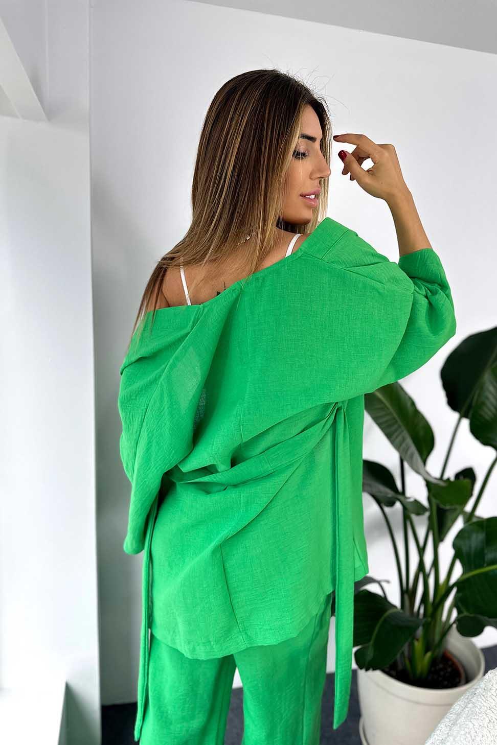 Keten Dokulu Salaş Kimono Pantolon Kadın Takım Yeşil