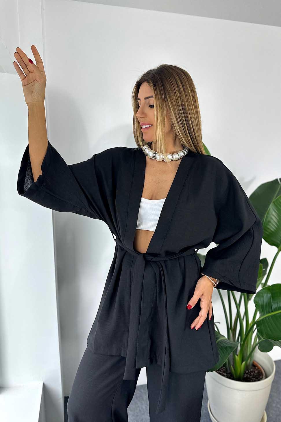 Keten Dokulu Salaş Kimono Pantolon Kadın Takım Siyah