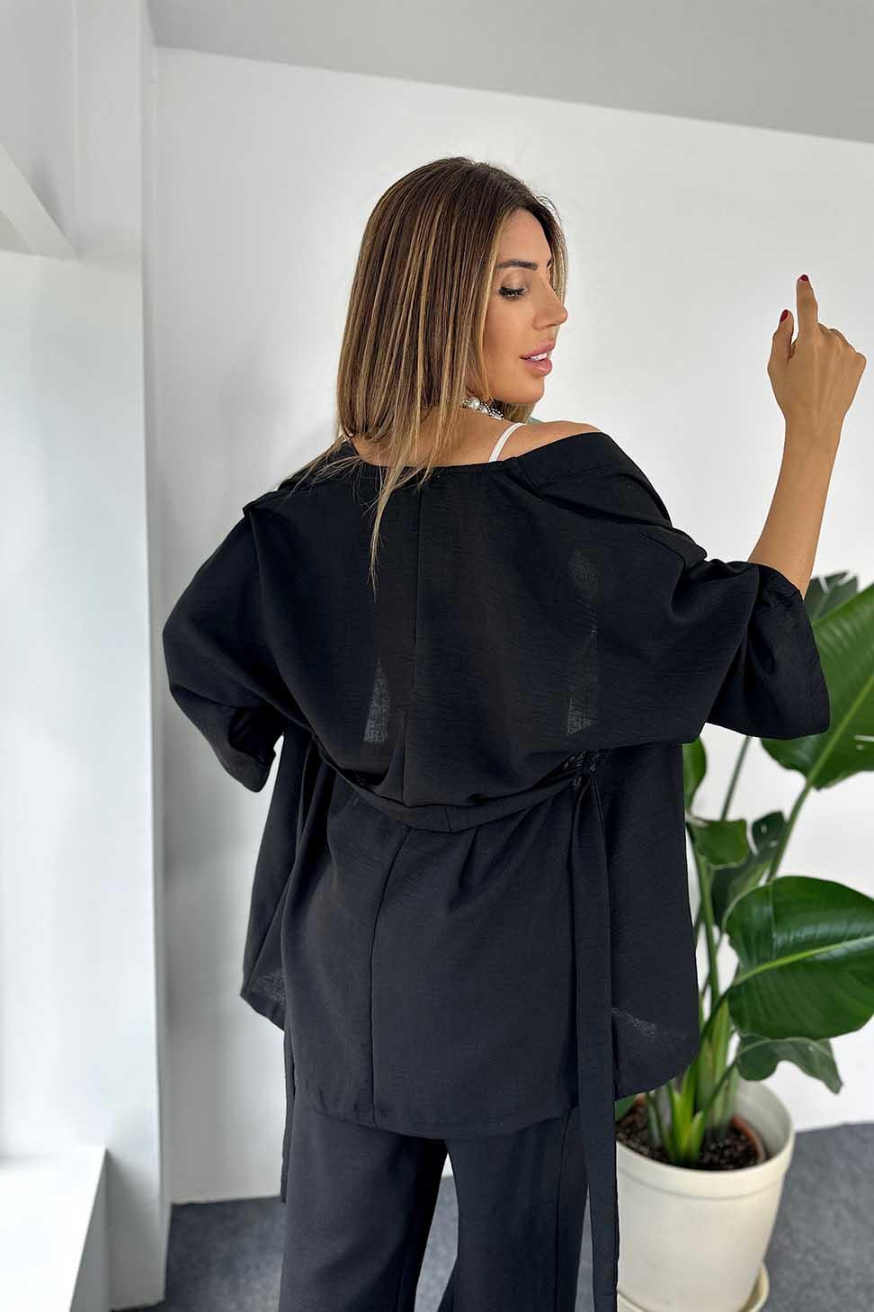 Keten Dokulu Salaş Kimono Pantolon Kadın Takım Siyah