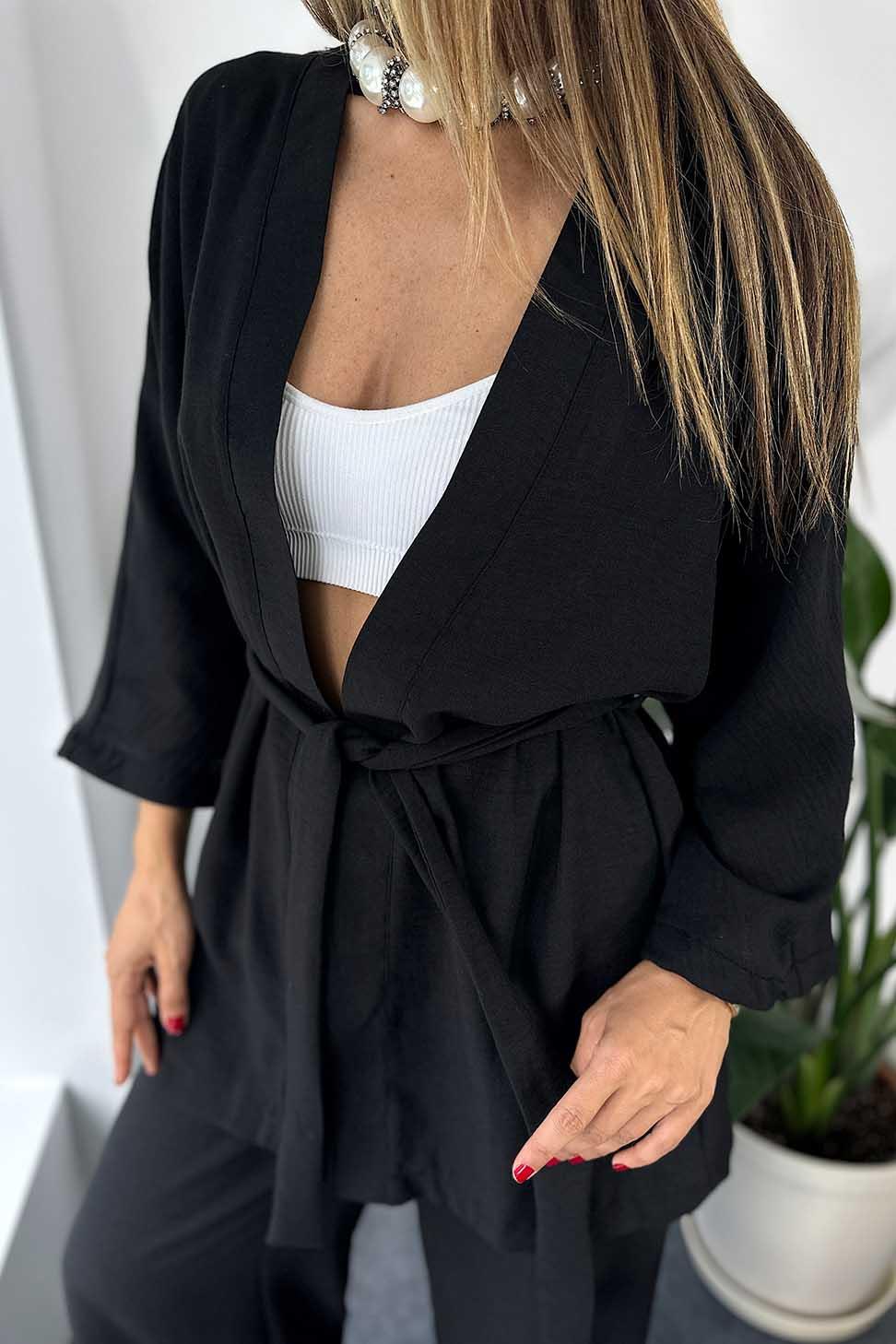 Keten Dokulu Salaş Kimono Pantolon Kadın Takım Siyah