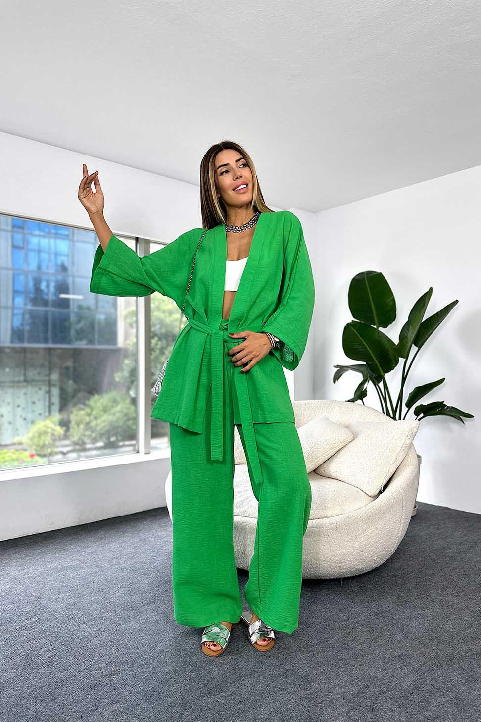 Keten Dokulu Salaş Kimono Pantolon Kadın Takım Yeşil
