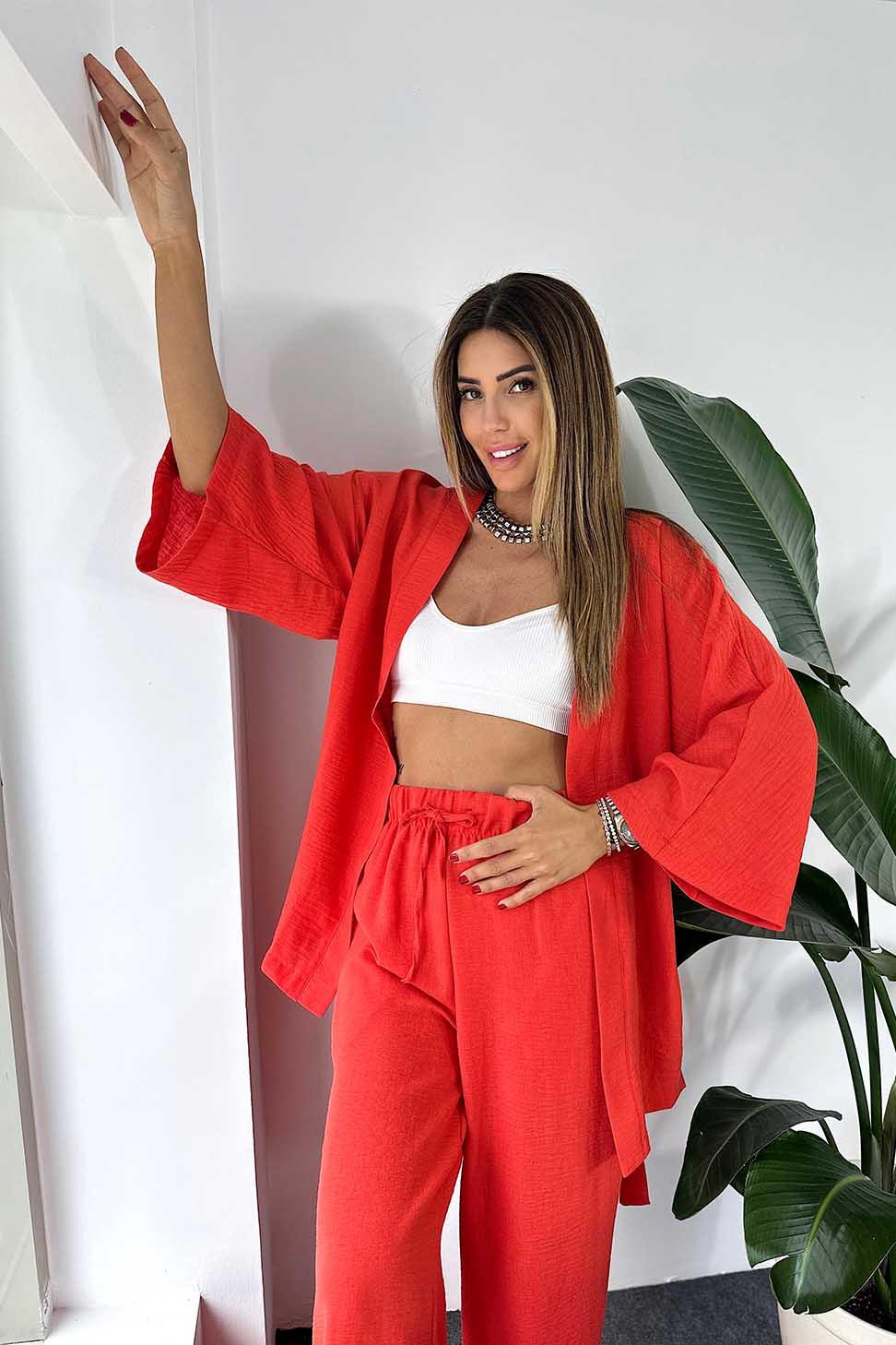 Keten Dokulu Salaş Kimono Pantolon Kadın Takım Nar Çiçeği
