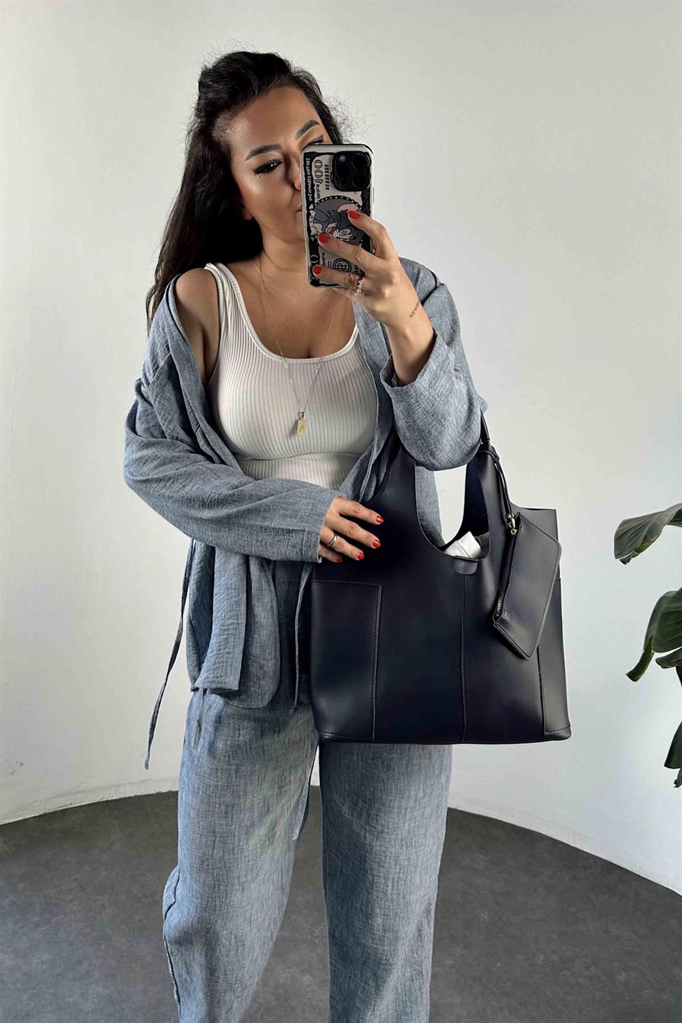 Keten Kumaş Bağlamalı Takım İndigo Mavisi