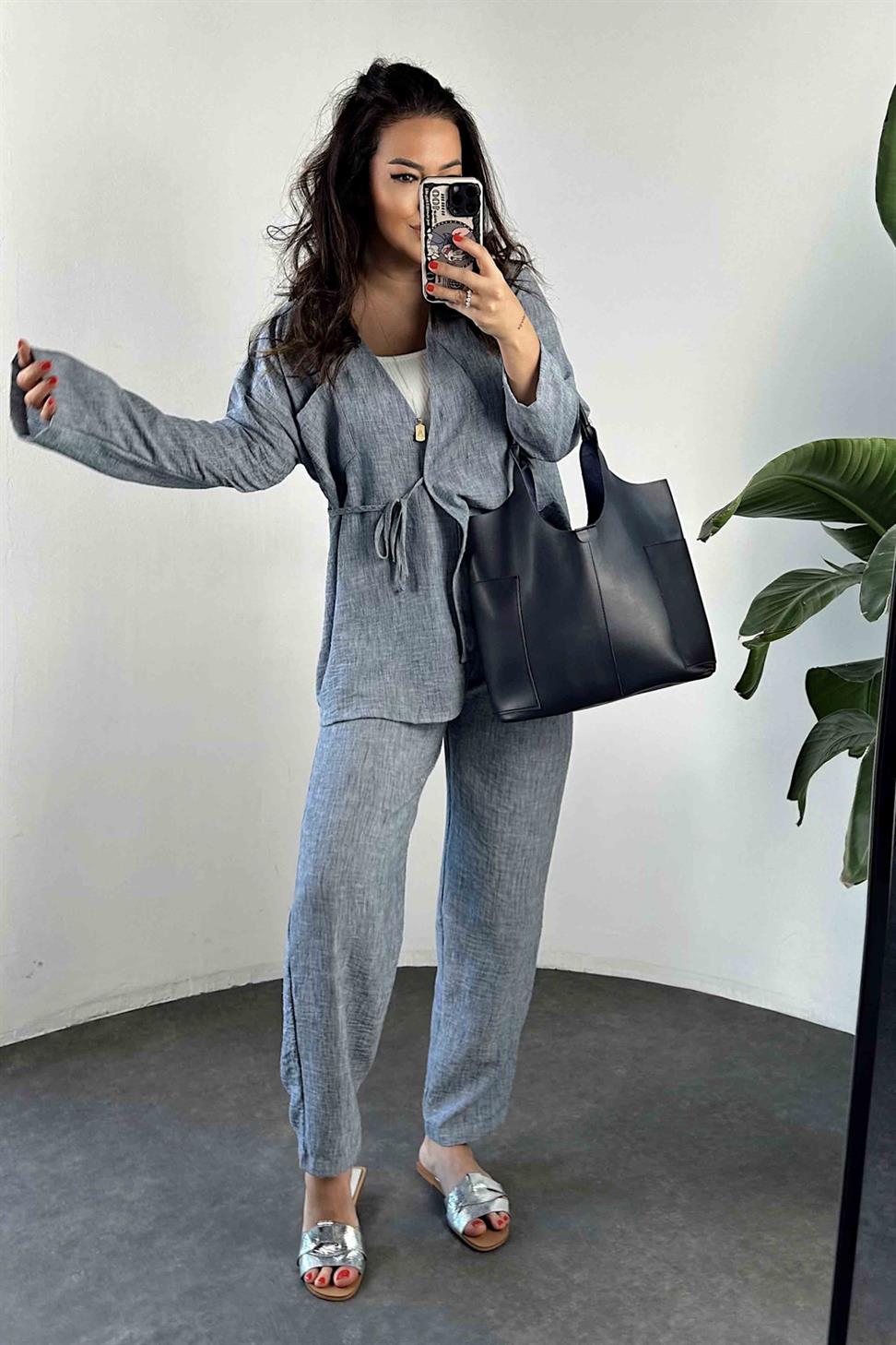 Keten Kumaş Bağlamalı Takım İndigo Mavisi