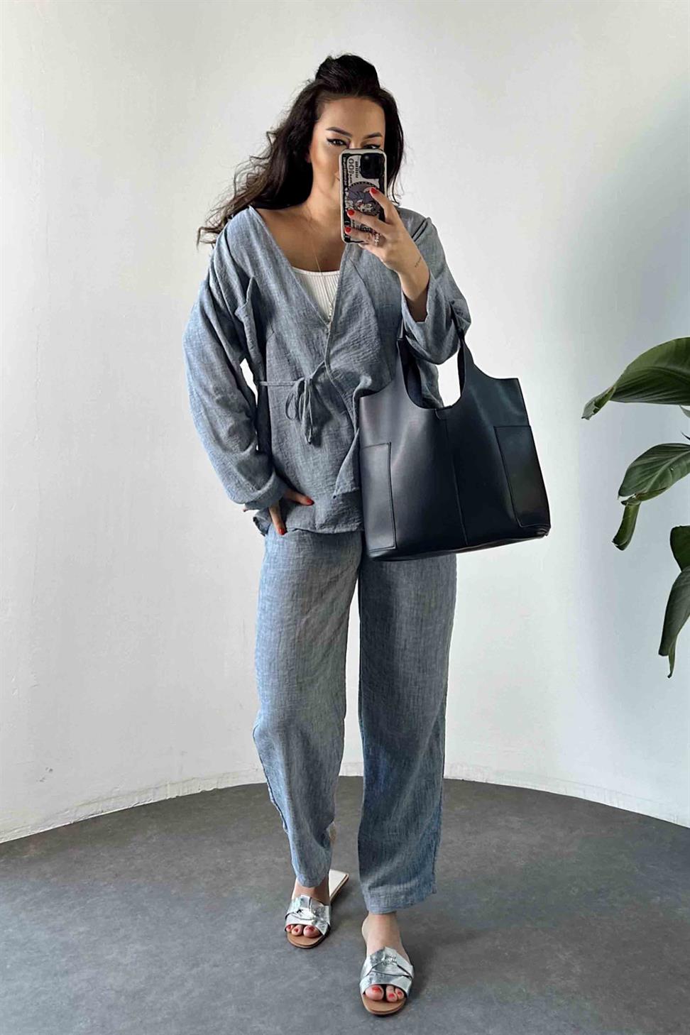 Keten Kumaş Bağlamalı Takım İndigo Mavisi