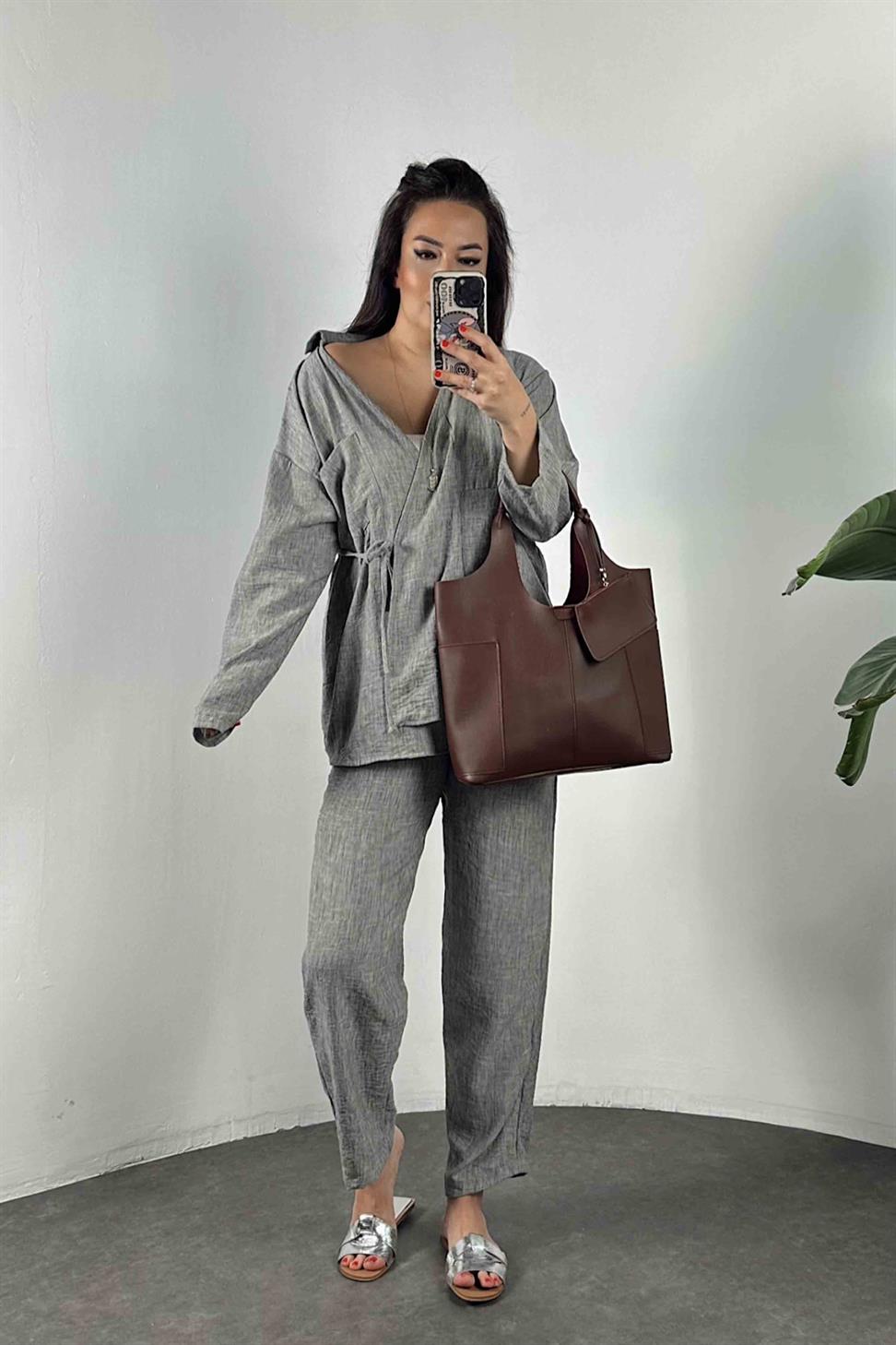 Keten Kumaş Bağlamalı Takım Melanj Gri