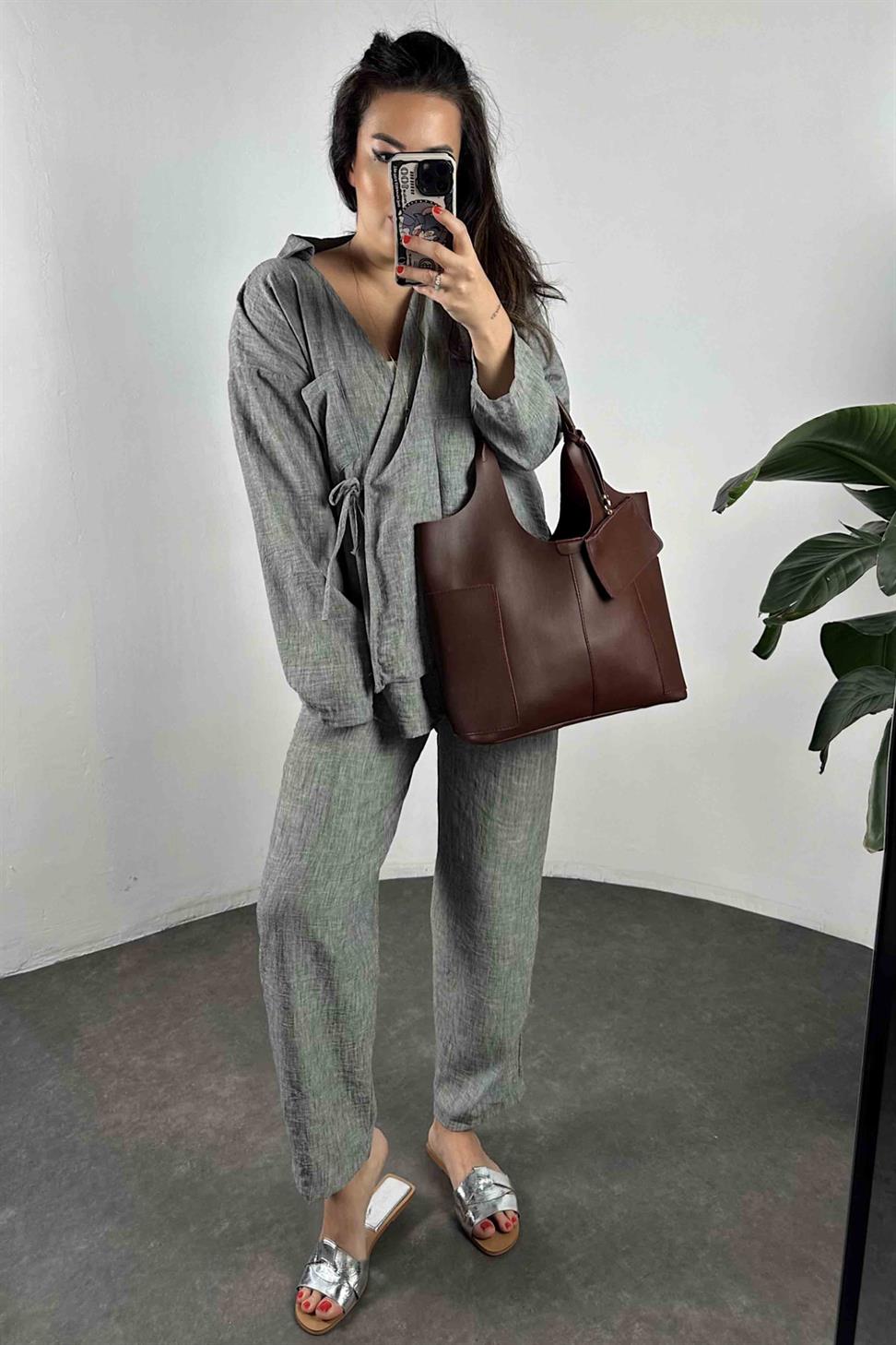 Keten Kumaş Bağlamalı Takım Melanj Gri