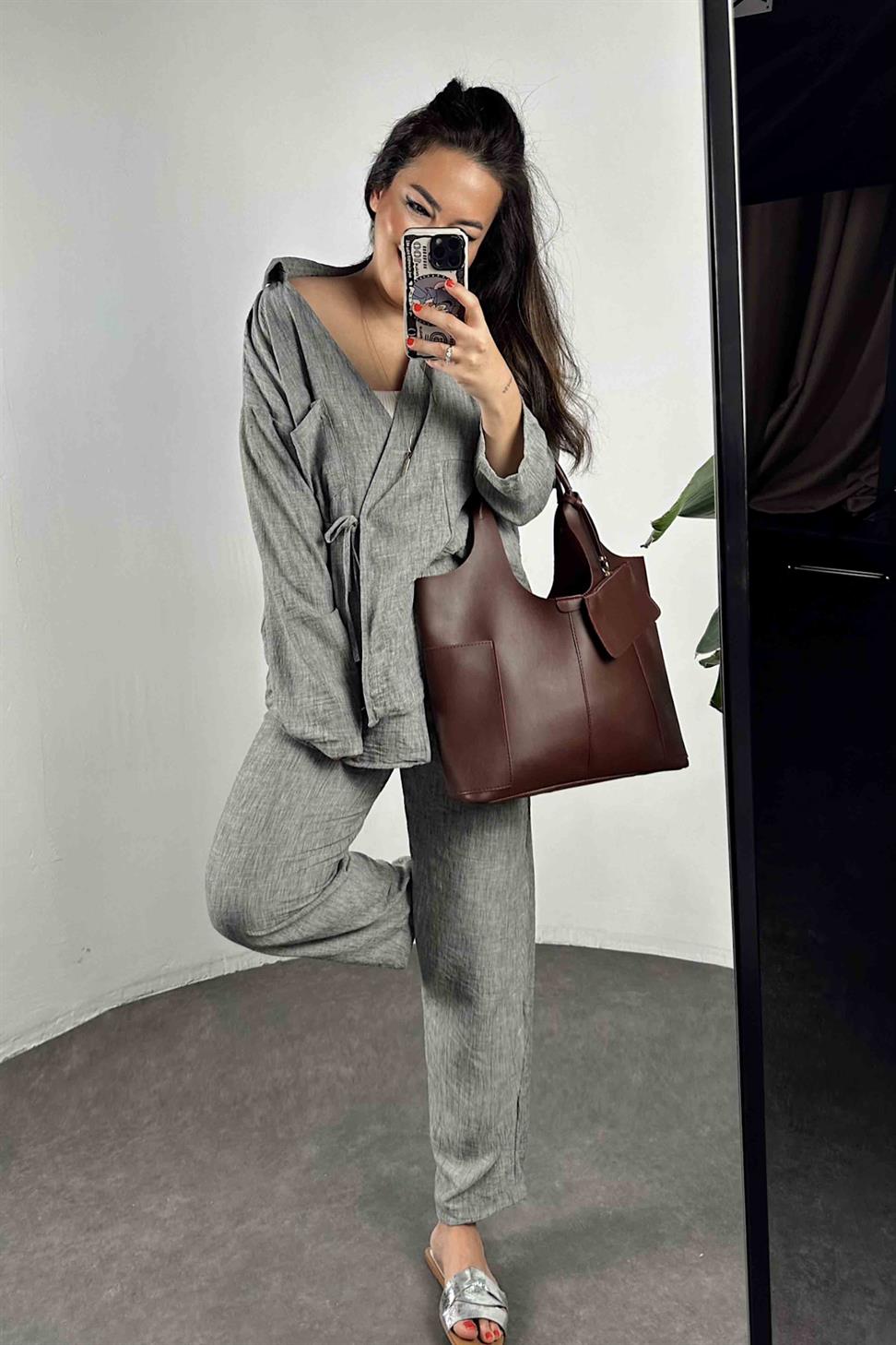 Keten Kumaş Bağlamalı Takım Melanj Gri