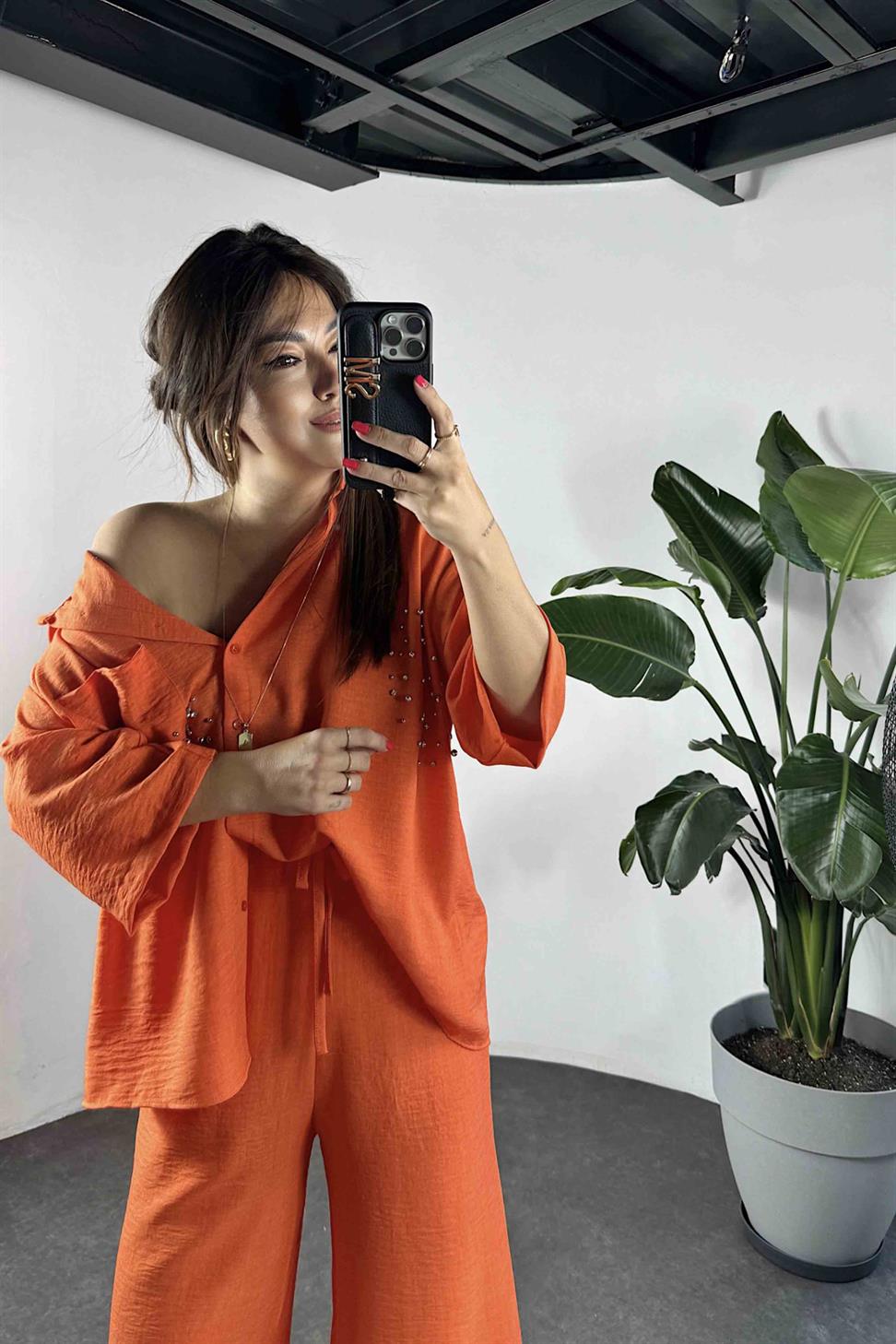 Keten Kumaş Taş Detaylı Gömlek Pantolon Takım Turuncu